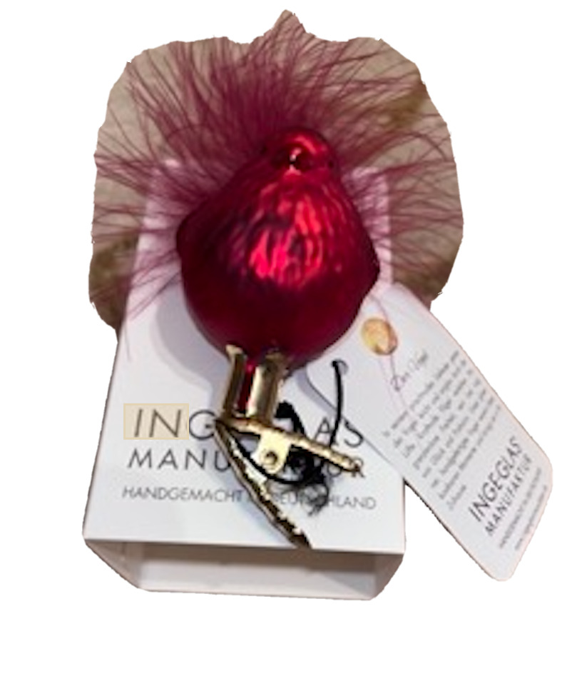 CHRISTMAS ORNAMENT Inge Glas Red Bird Mediator With Glitter and Feathers