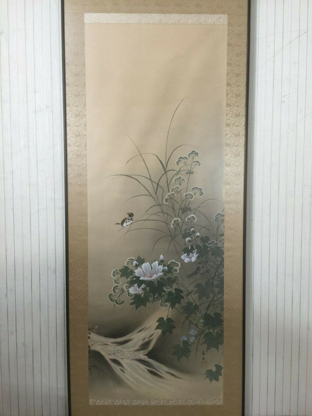 Vintage Large Chinese Handpainted on Silk Bird & Flower Signed by Artist, Framed