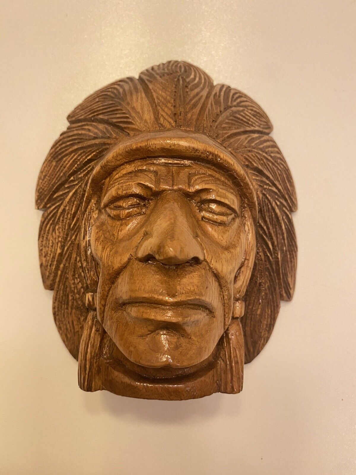 Vintage Wooden Indian Native American Head Hand Carved Home Decor