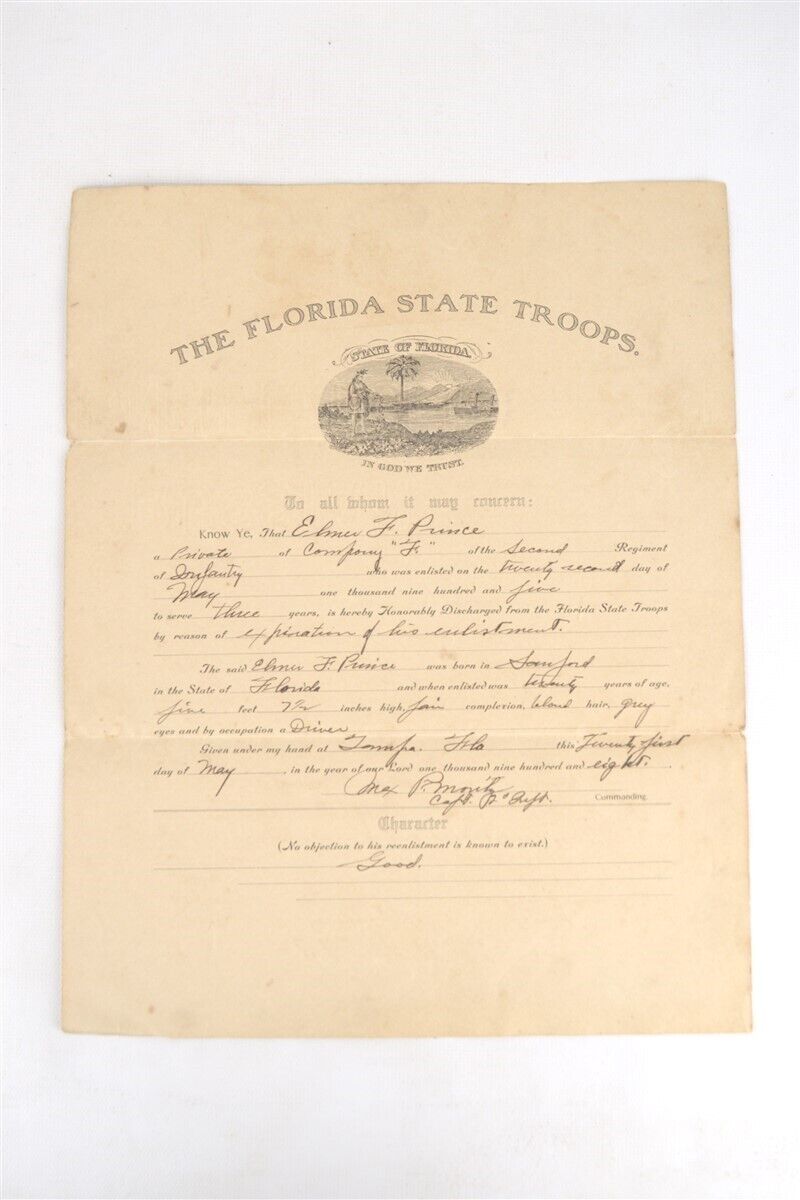 Antique 1908 Army Tampa Sanford Florida State Troops Honorable Discharge Papers