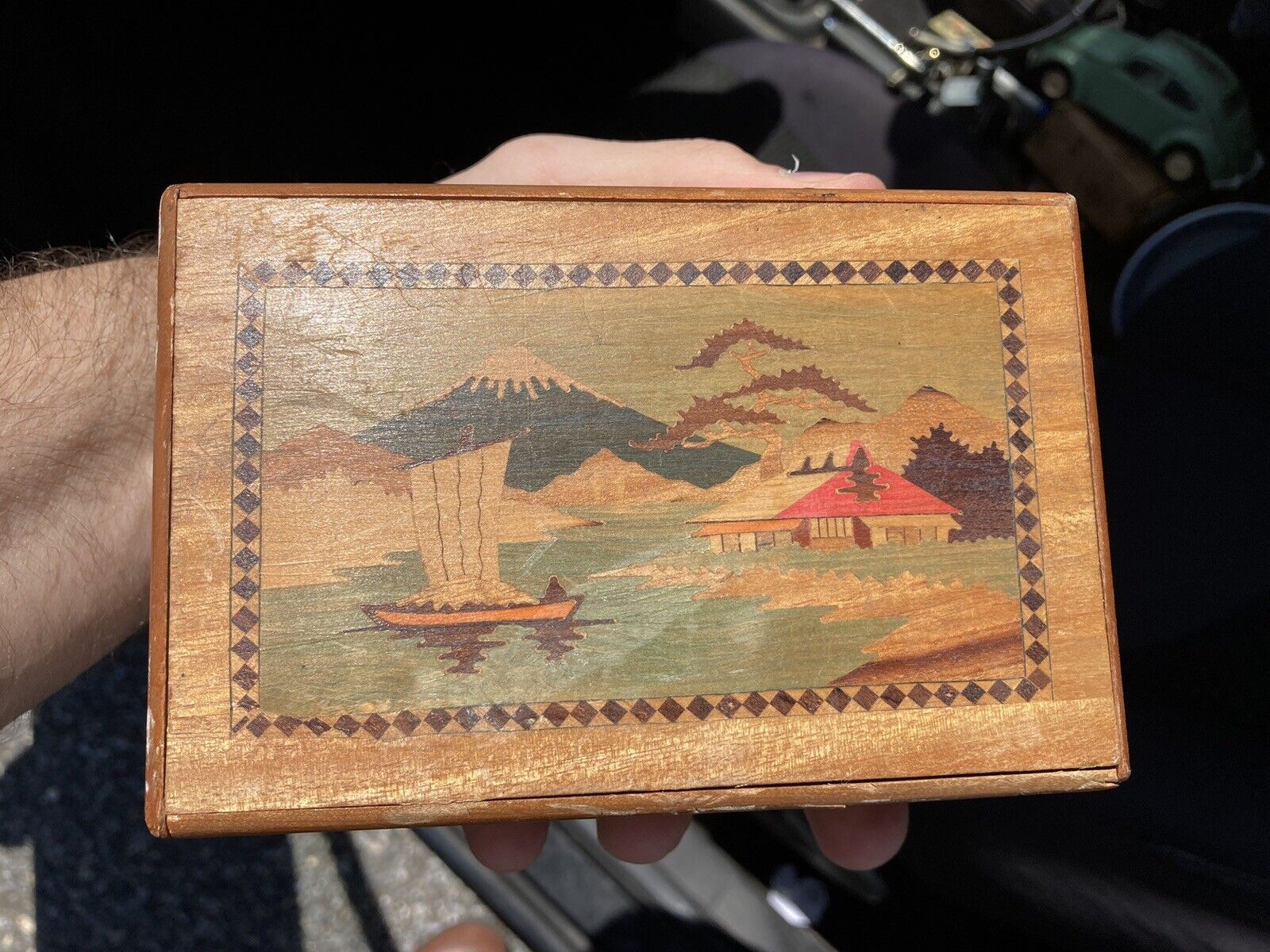 Japanese Inlaid Wooden Puzzle Box Mt. Fuji Scene Floral Marquetry Japan 1950s