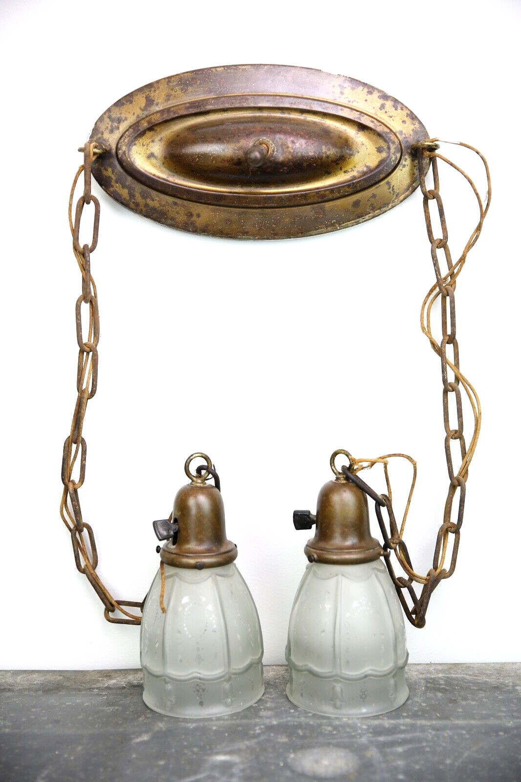 Vintage Hanging Double Swag Light Lamps Fixture Hollywood Regency frosted glass