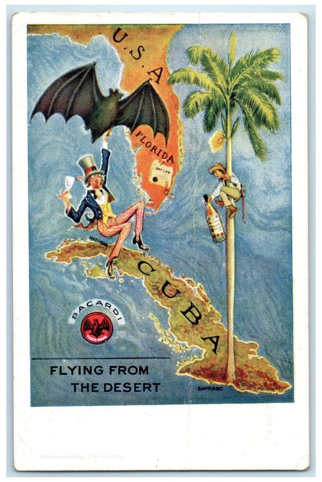 c1910's Uncle Sam Bat Devil Map Bacarot Advertising Rum Antique Postcard