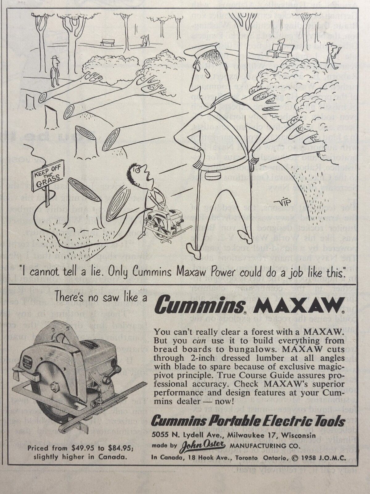 Cummins MAXAW Portable Electric Tools John Oster Mfg. Vintage Print Ad 1958