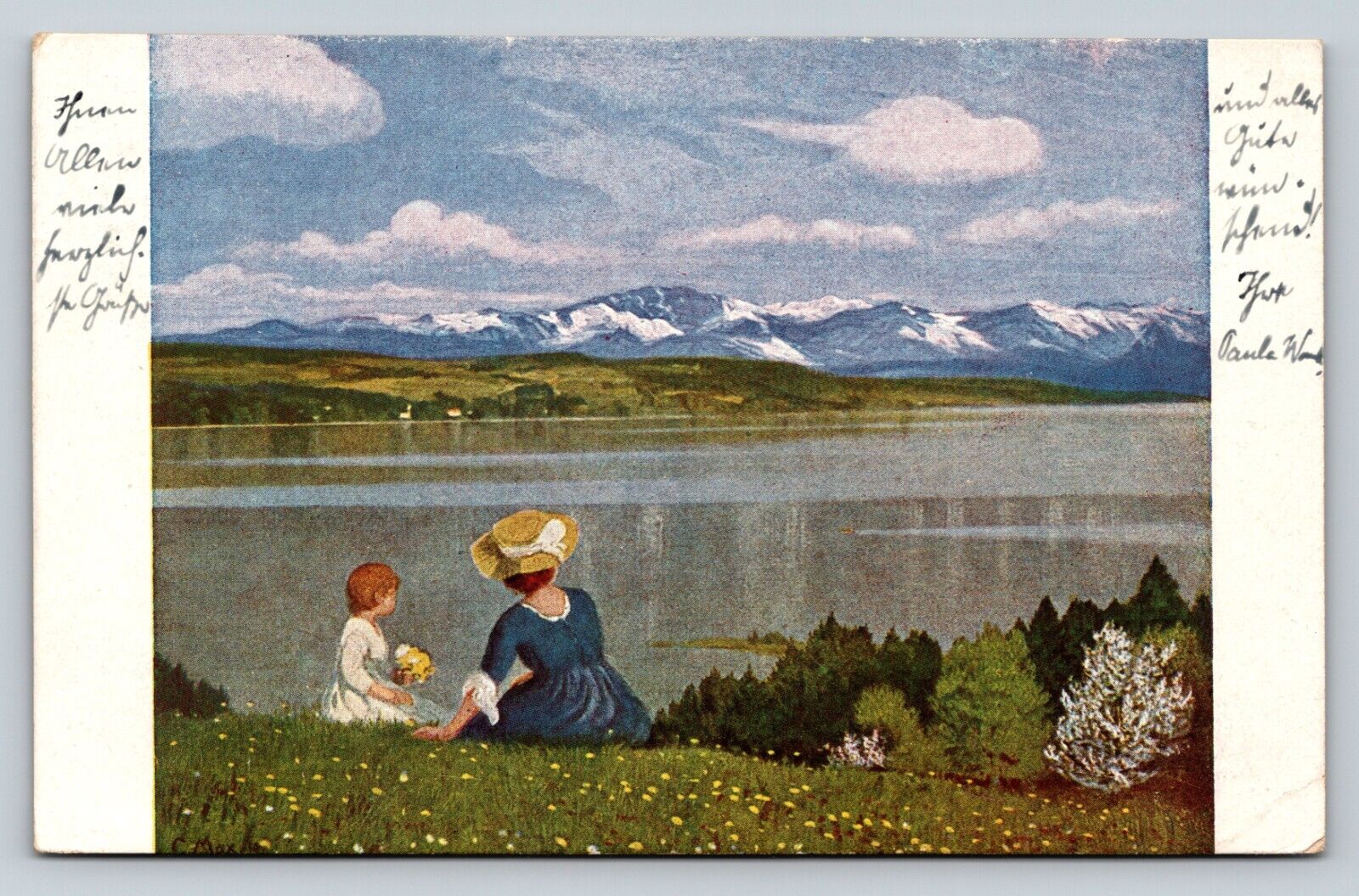c1924 Lady in Blue Sits w/ Girl in White Looking at Mountains VTG Postcard 1188