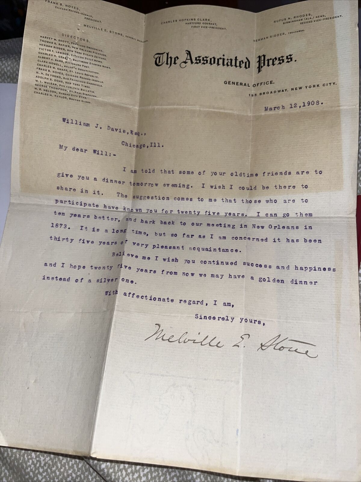 1908 Letter by Melville Stone Chicago Daily News Founder - Associated Press
