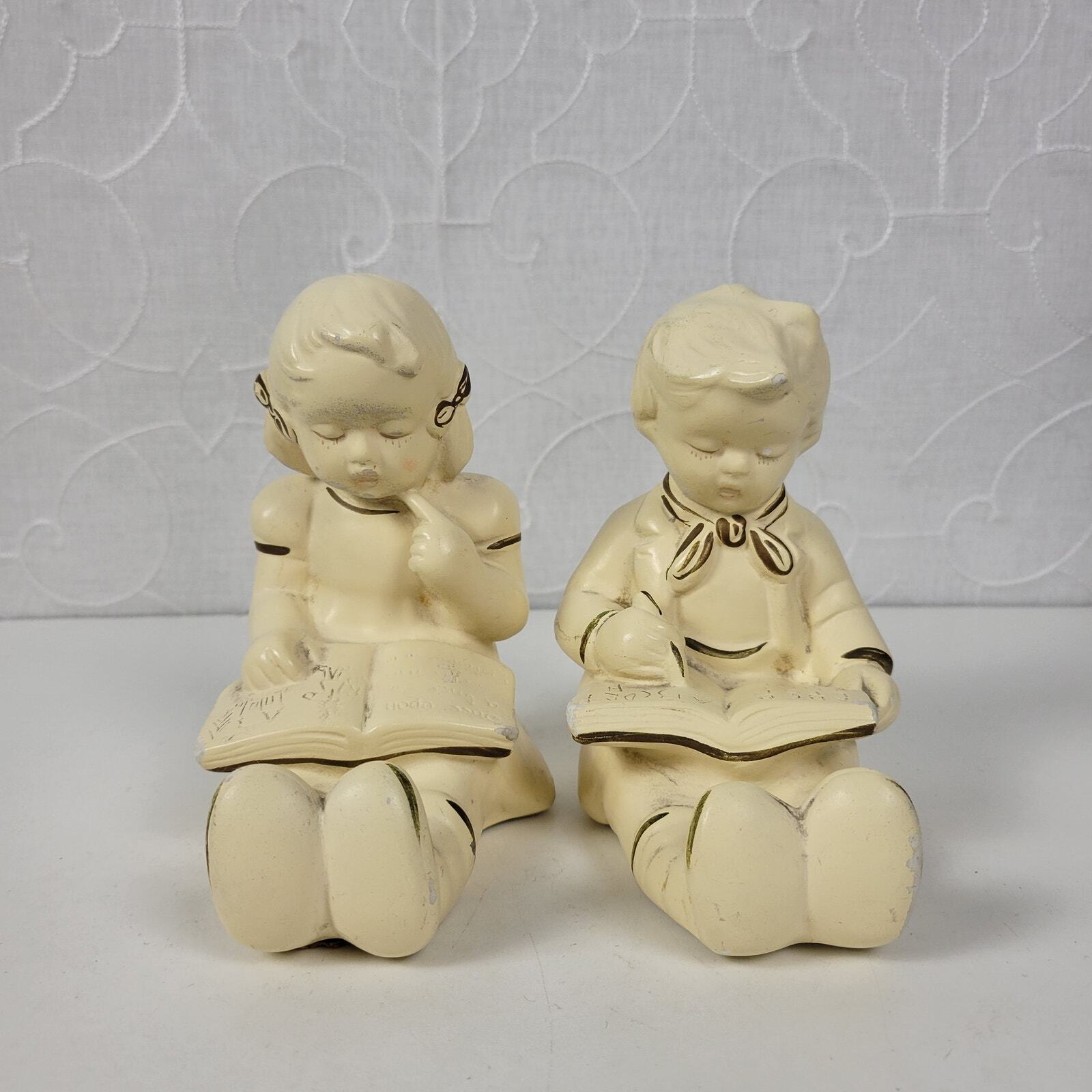 Vintage Coventry Ware Chalkware Children Boy & Girl Reading Bookends Set