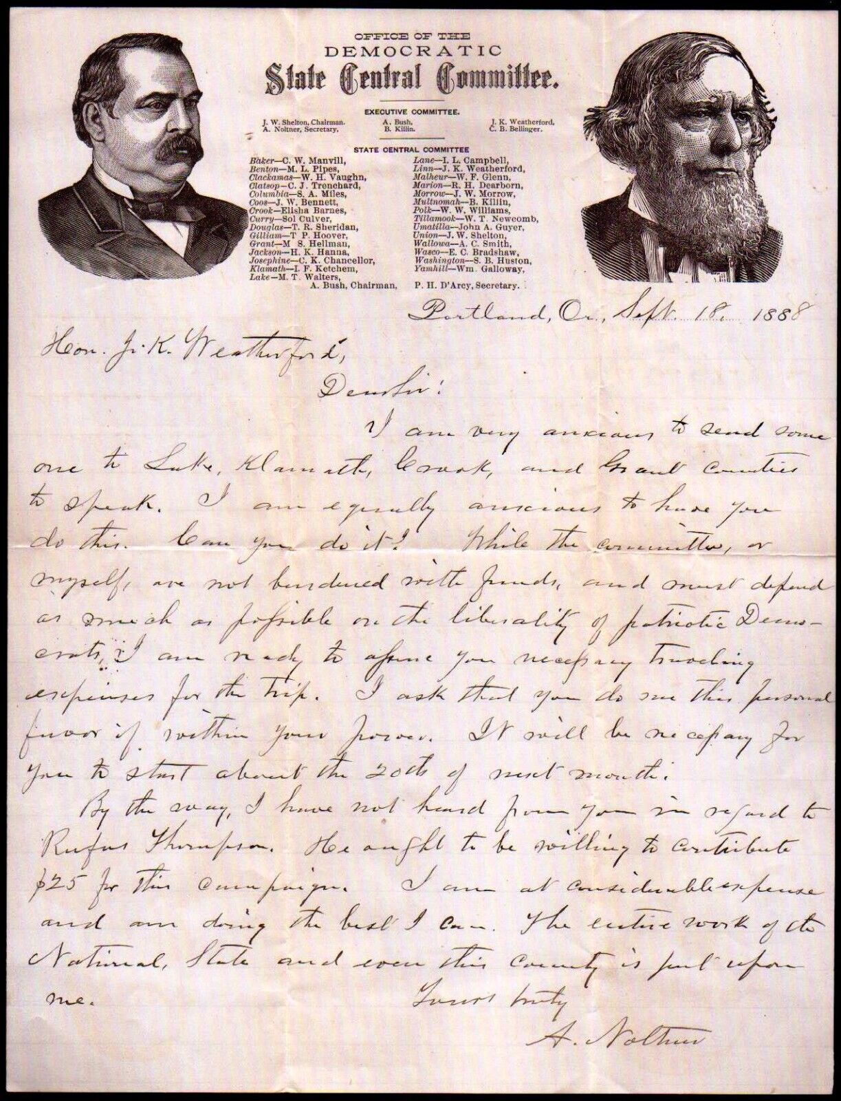 1888 Presidential Election - Cleveland - Portland Or  EX Rare Letter Head Bill