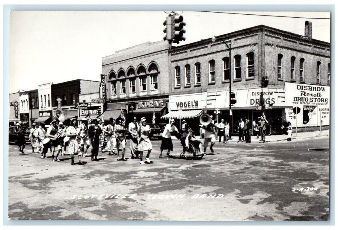 c1950's Scottville Clown Band Parade Drug Store Ludington MI RPPC Photo Postcard