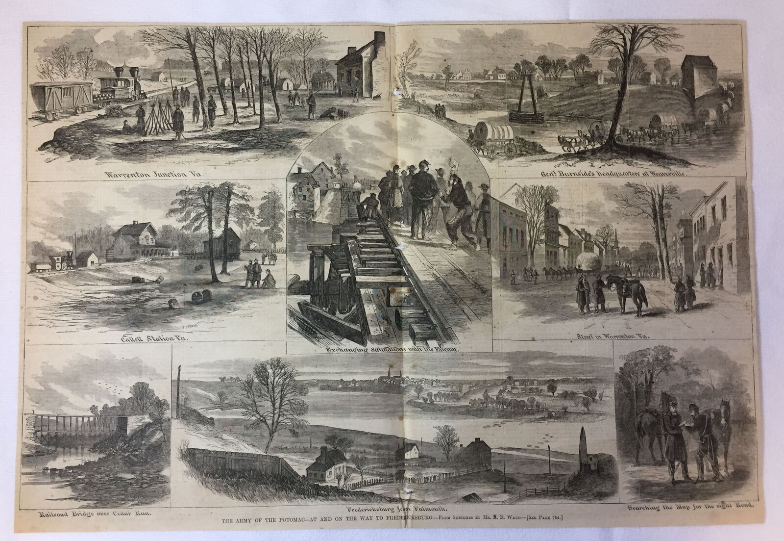 1862 magazine engraving~14x21~CITY OF FREDERICKSBURG,VA FROM FALMOUTH