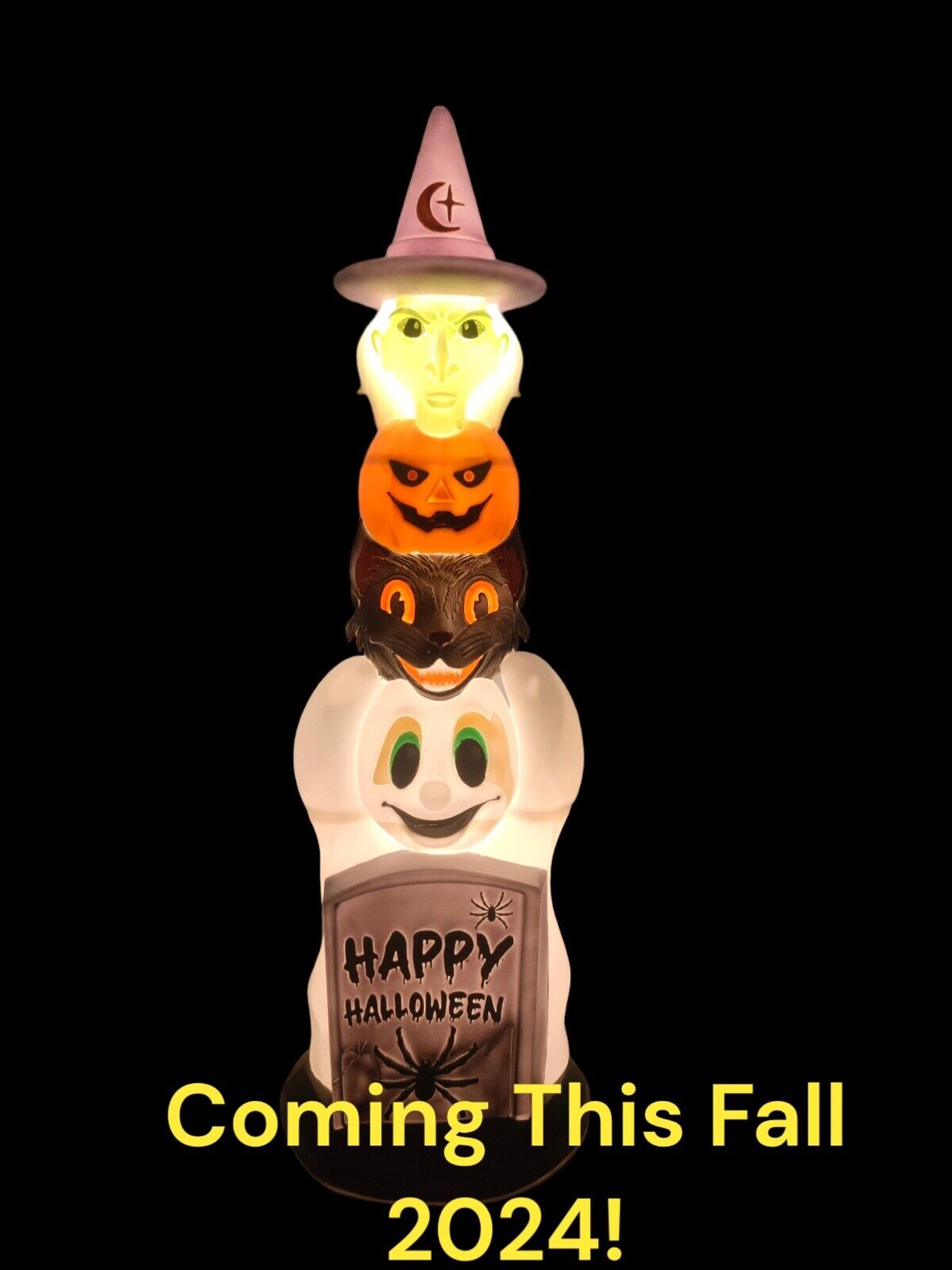 Halloween Totem Pole Witch Pumpkin Cat Ghost Tombstone 40” Lighted Blow Mold