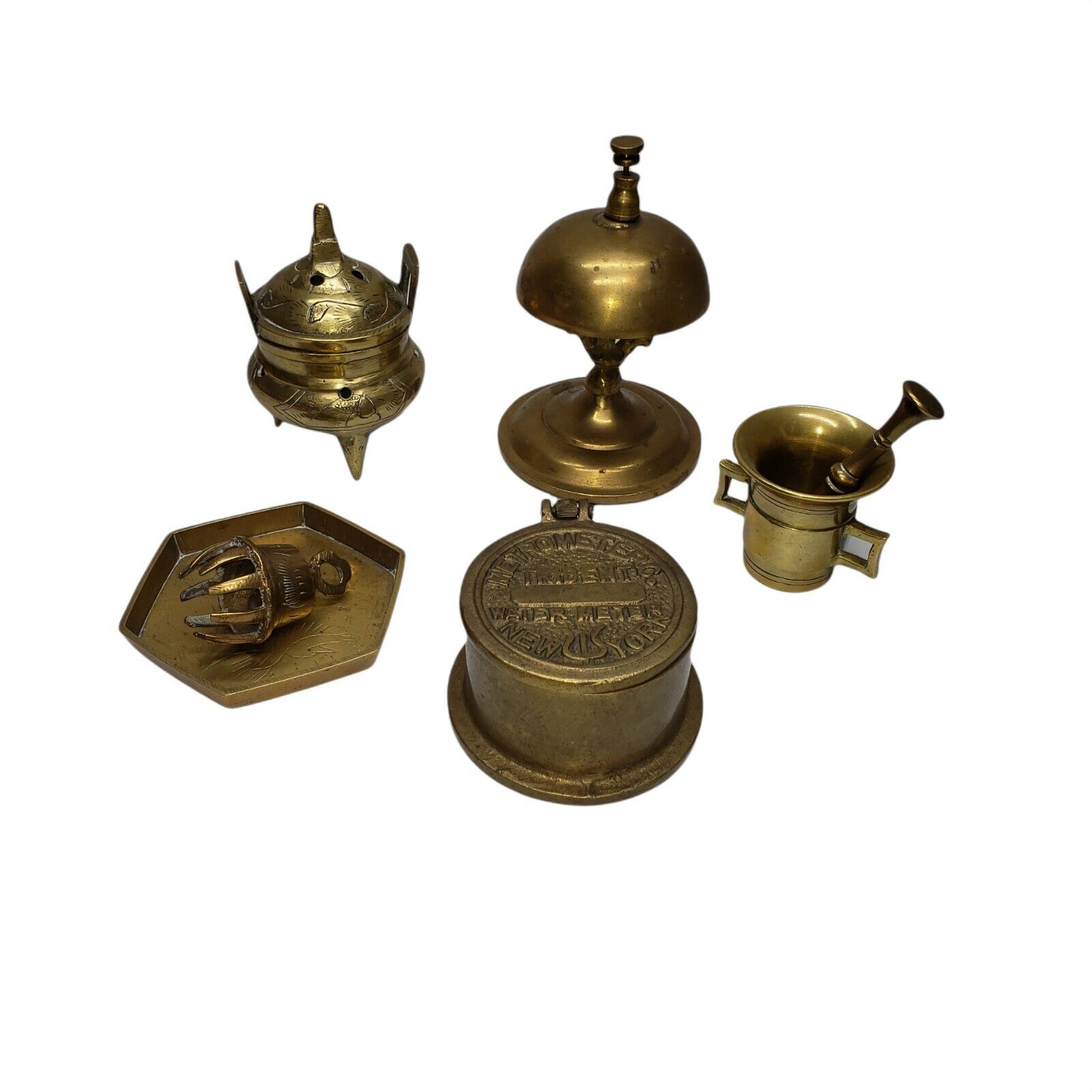 Nice Vintage Brass  Lot Collectibles, Bells, Mortar & Pestle, New York Meter,