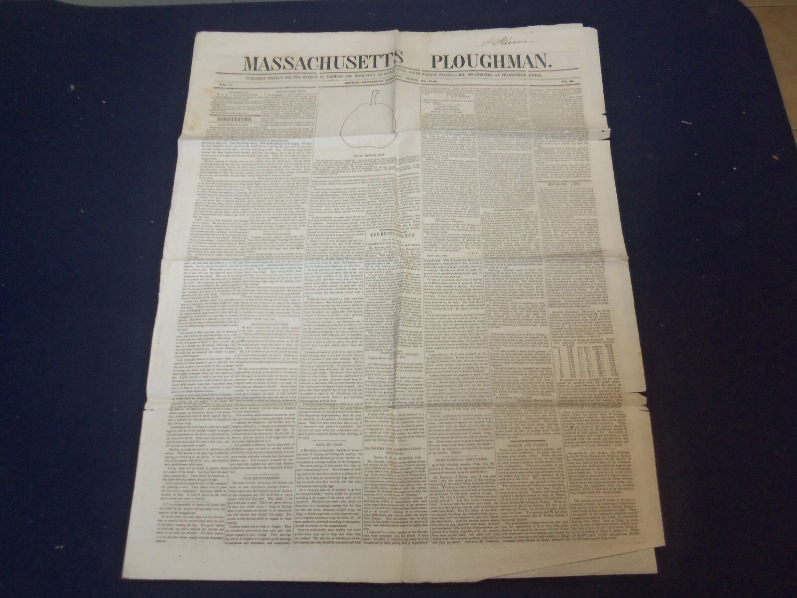1849 APRIL 28 MASSACHUSETTS PLOUGHMAN NEWSPAPER - FREEMONT'S EXPEDITION- NP 5166