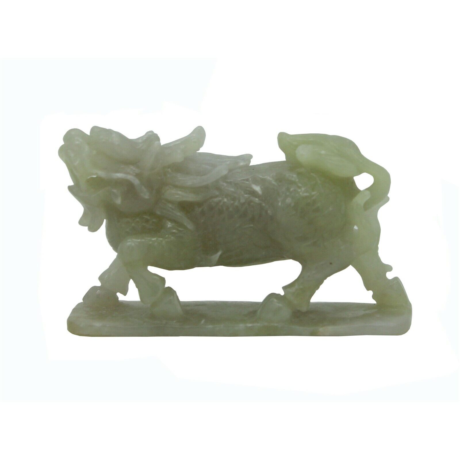 Detail Chinese Hand Carved Natural Jade Lucky Feng Shui Kirin Statue n456
