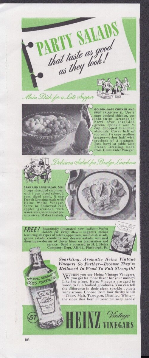 1941 Print Ad  Heinz Vintage Vinegars Party Salads They Taste as Good Recipes