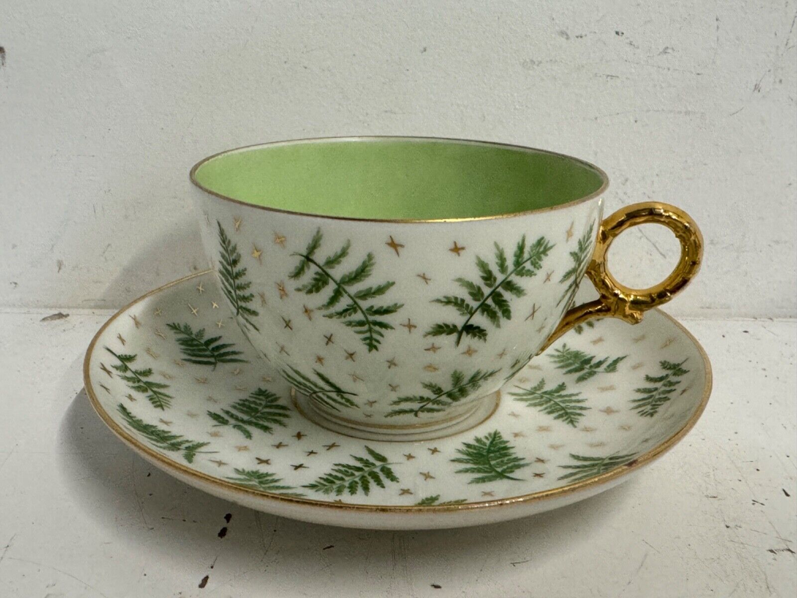 Antique Heinrich and Co Porcelain Cup and Saucer with Green Fern Decorations