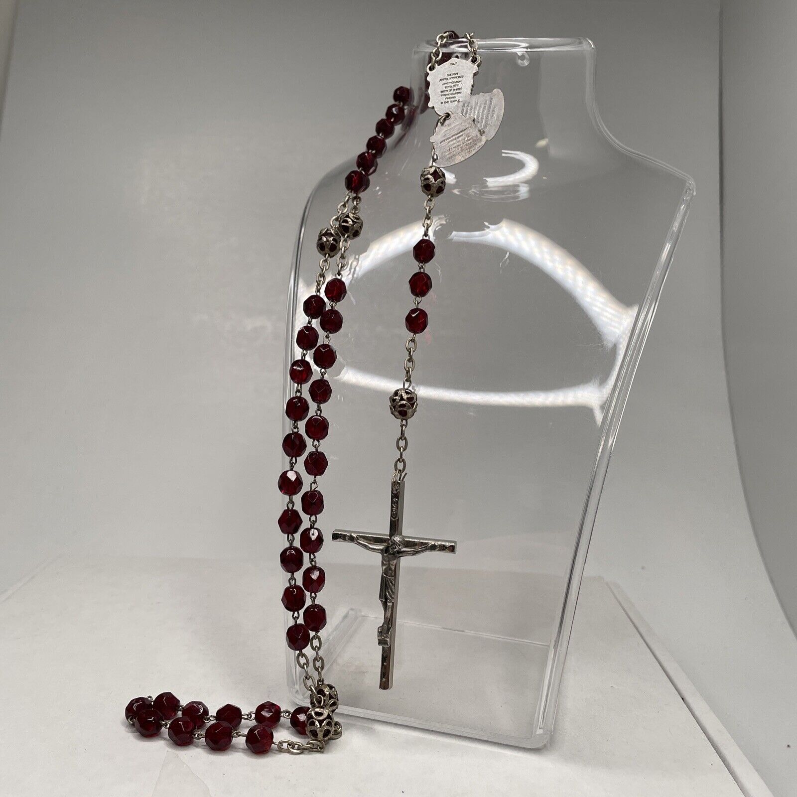 Vintage Catholic Red Faceted Glass &  Silver 5 Mysteries Rosary, Italy