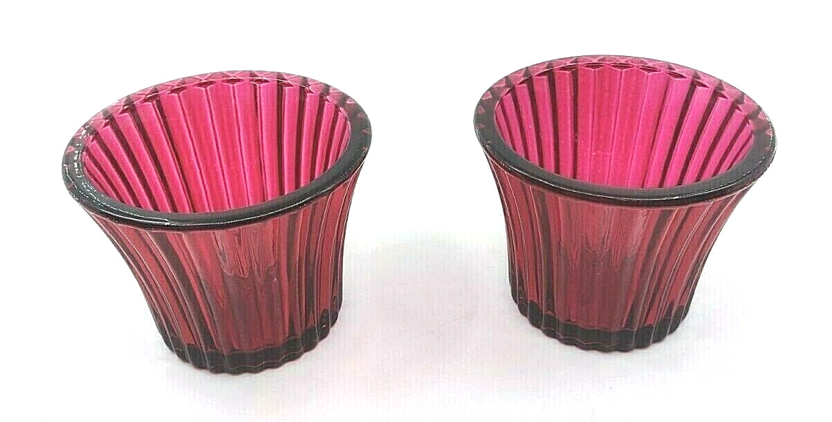 Partylite Votive Candle Holder Ruby Anniversary Pair Set of 2 P91408 Grooved