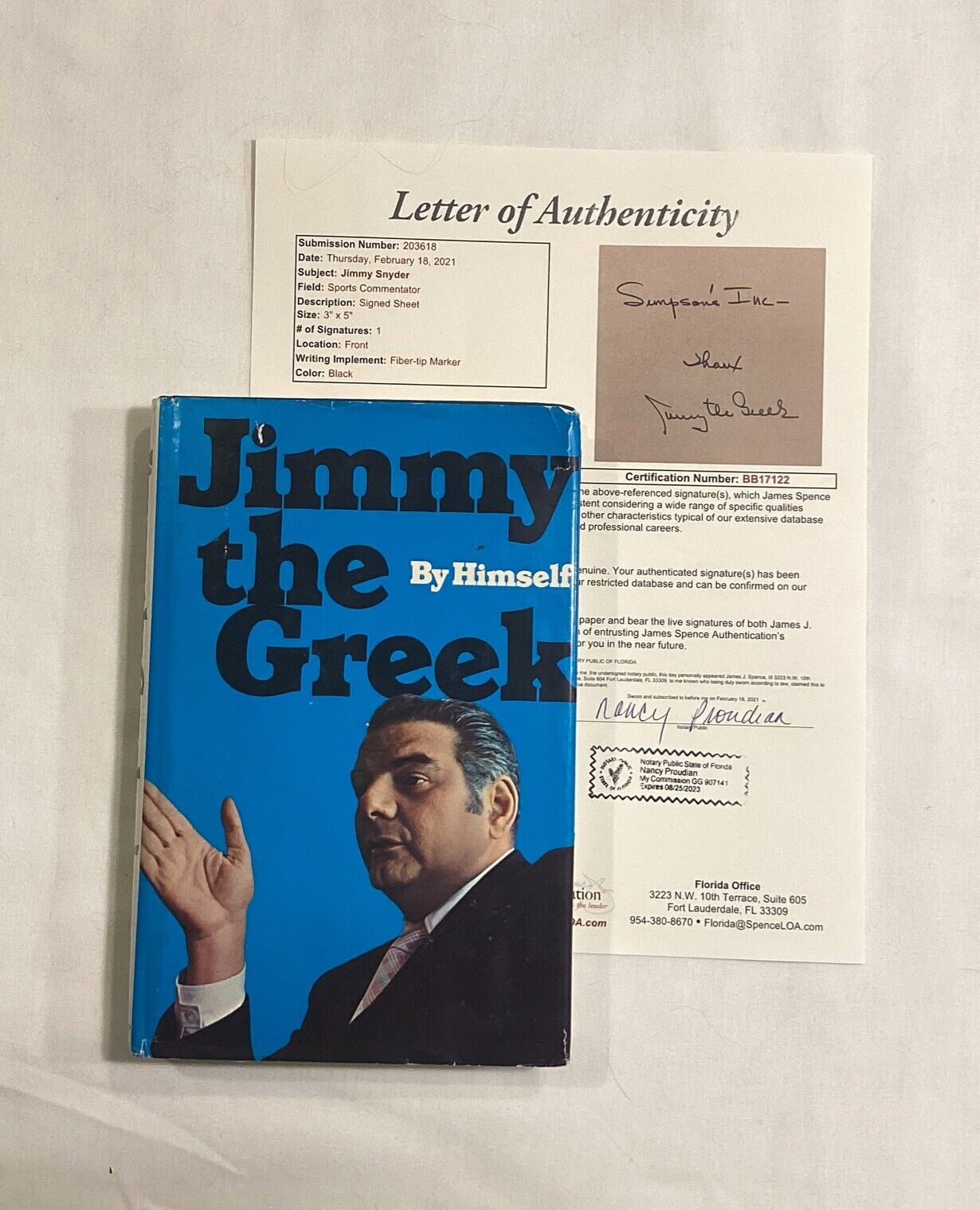 JIMMY THE GREEK BY HIMSELF SIGNED BOOK AUTOGRAPH AUTO JSA LOA