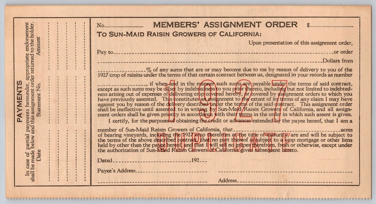 1927 contract between California Raisins and farmers Historical document