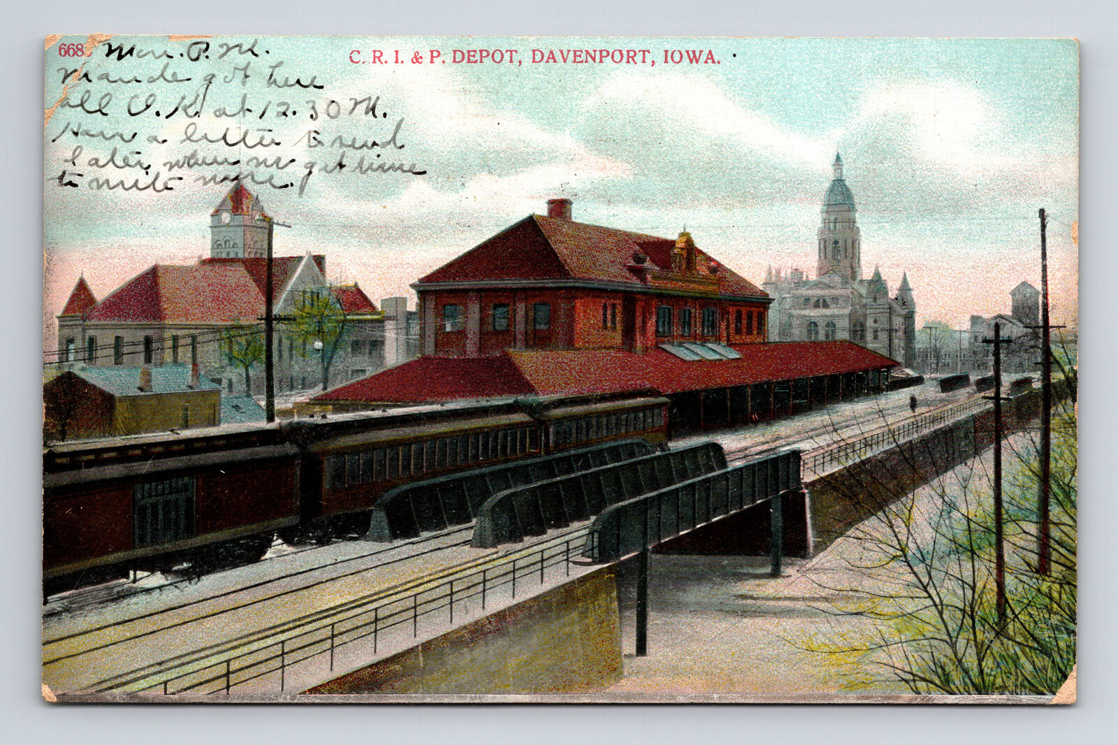 1907 C. R. I. & P. Railroad Train Depot Davenport IA AC Bosselman Postcard