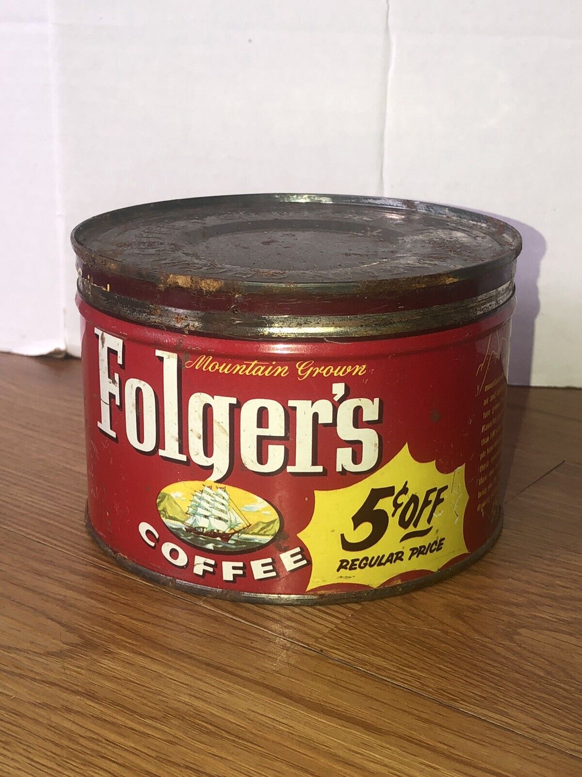 Vintage 1959 Folgers Coffee Round Tin Metal 1 Lb Canister 5 Cents Off w/ Lid