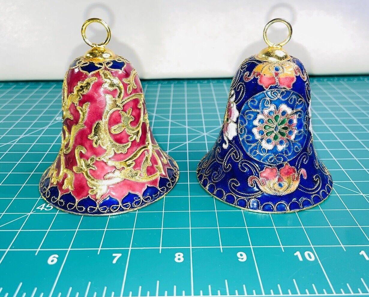 Stunning Colorful Cloisonne Bells Lot Ornament Enamel Flowers On Metal Vintage