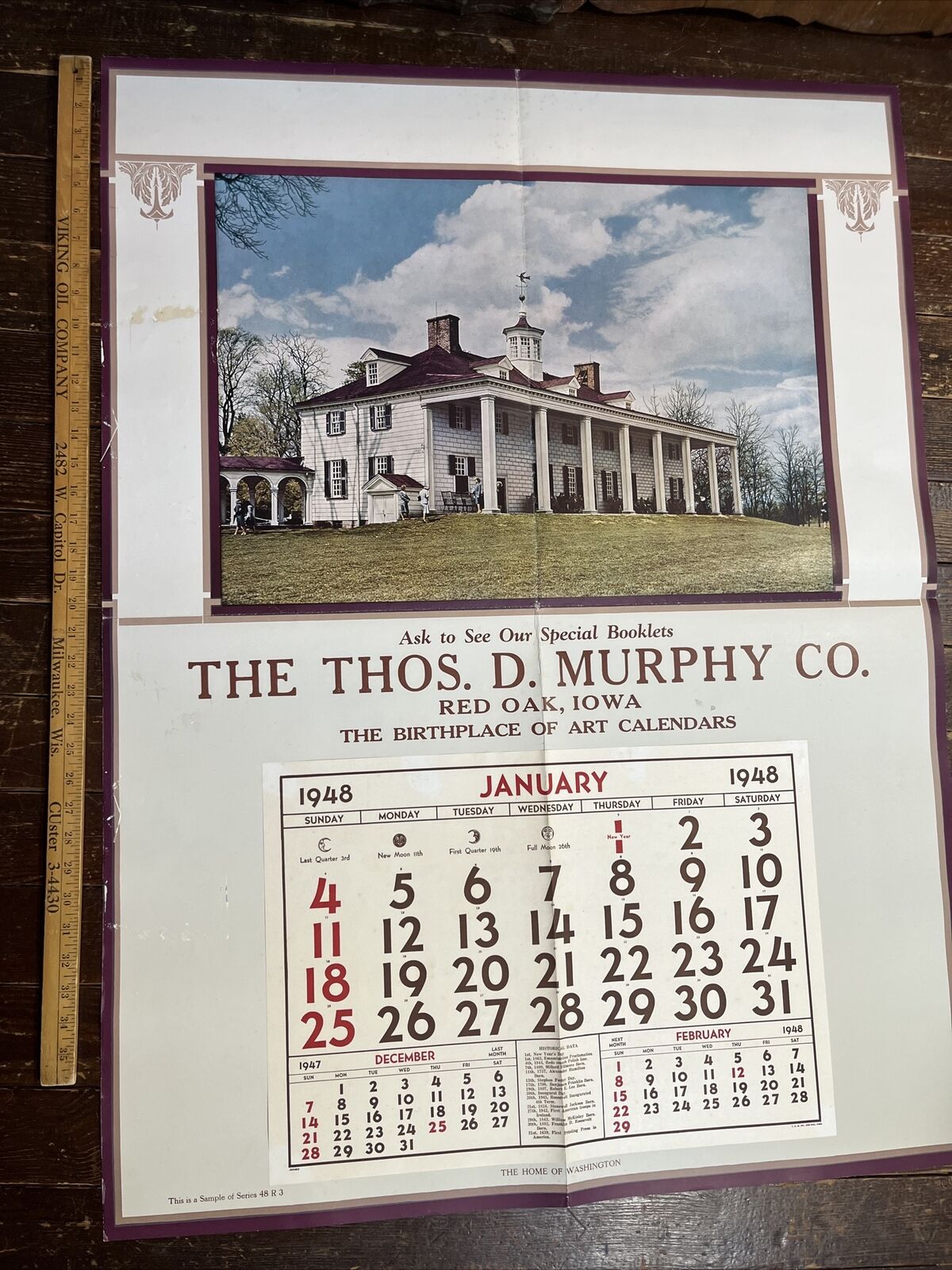 1948 Salesman Copy Calendar Home Of Washington Red Oak, IA Series 48R3 RARE VTG