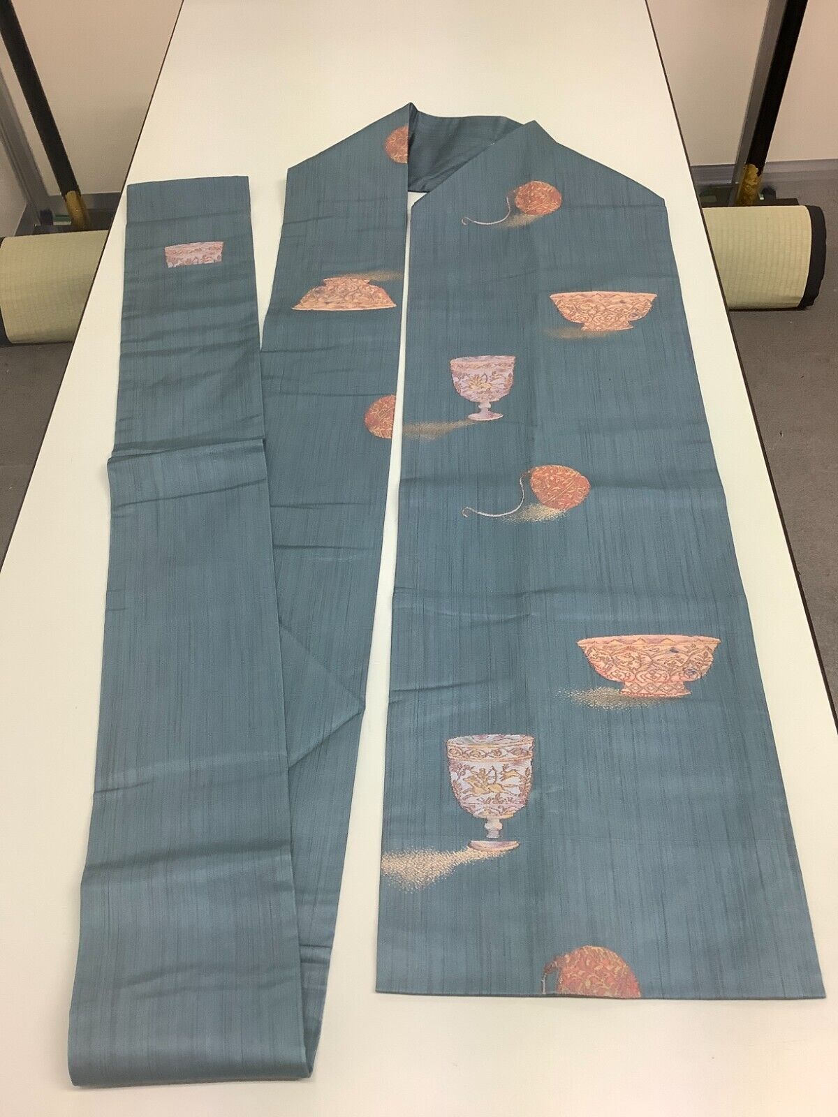 Japanese Vintage Kimono Nagoya Obi pure silk dark blue embroidery 142.5x12.2inch