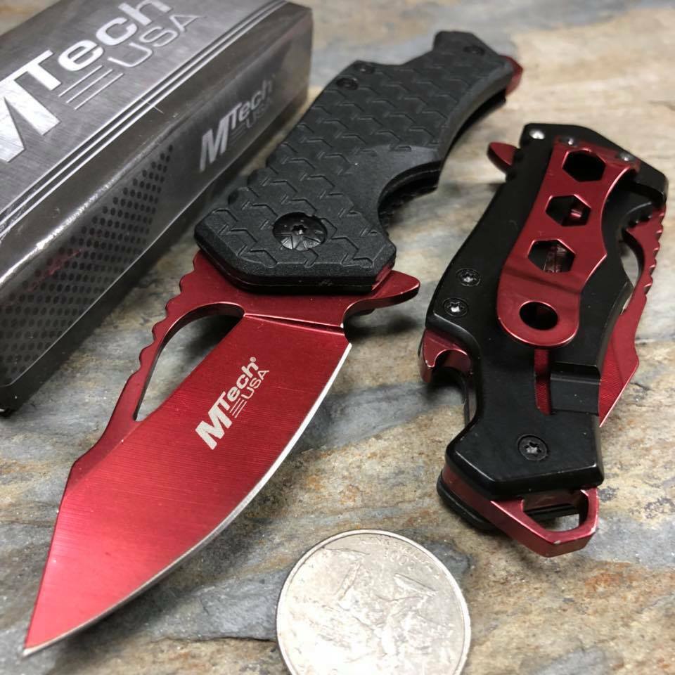 MTech Ballistic Black Handle Red Blade Small Pocket Knife w/ Bottle Opener