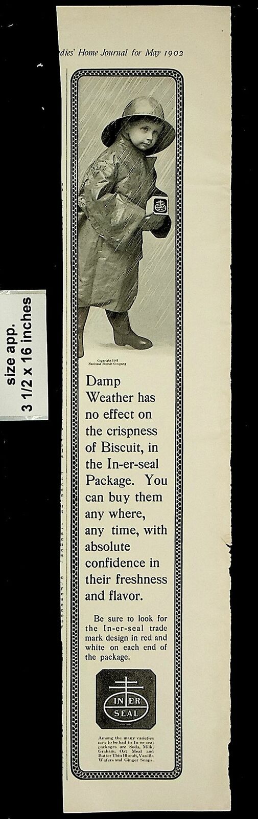 1902 Nabisco In-er-Seal Damp Weather Biscuits Vintage Print Ad 19575