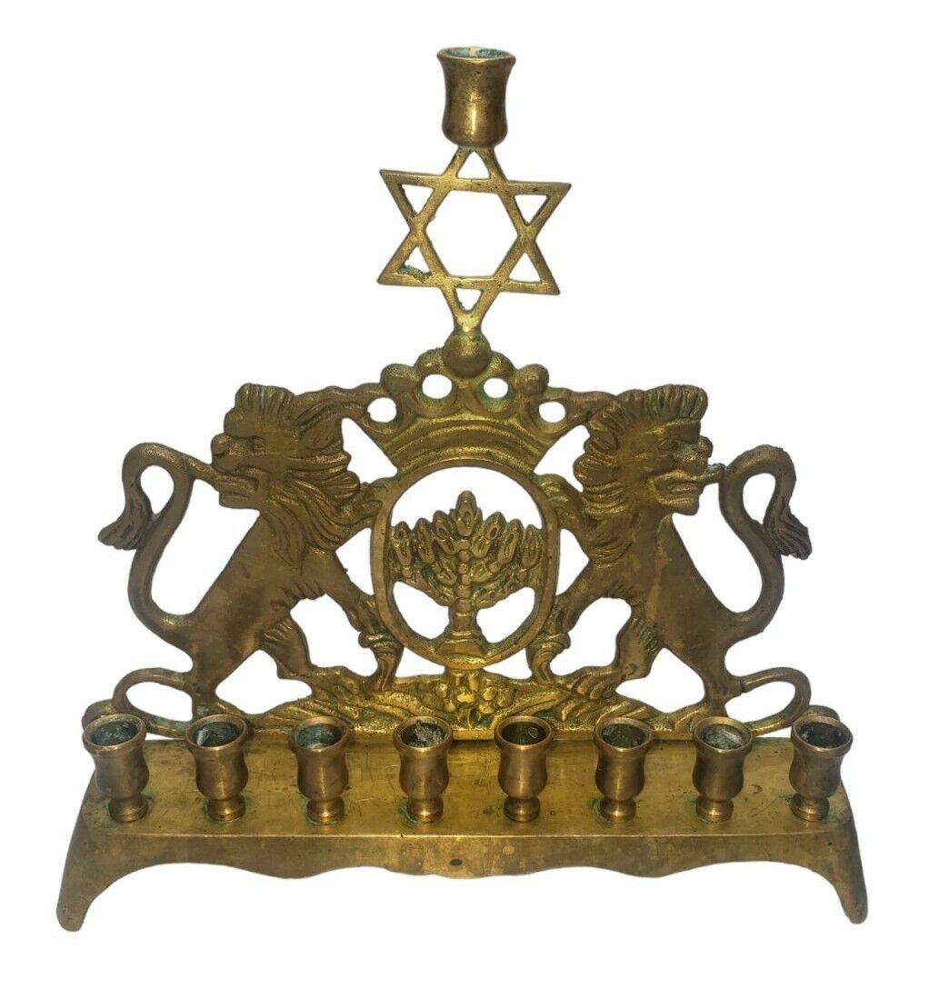 Antique Brass Menorah with Double Lions & Star of David Judaica Eastern Europe