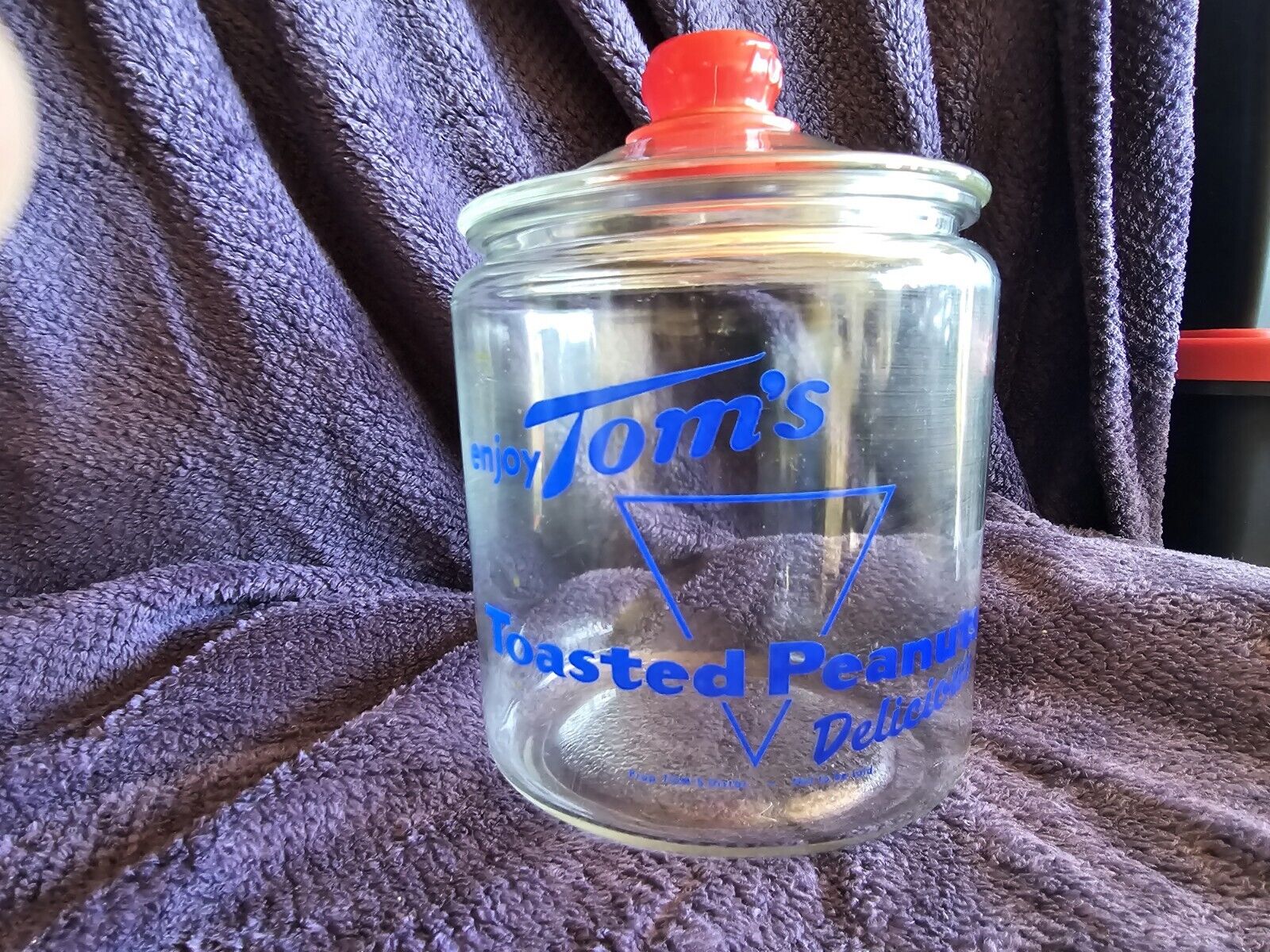 Vintage Tom's Toasted Peanuts Glass Jar with Red Top Knob - Perfect...