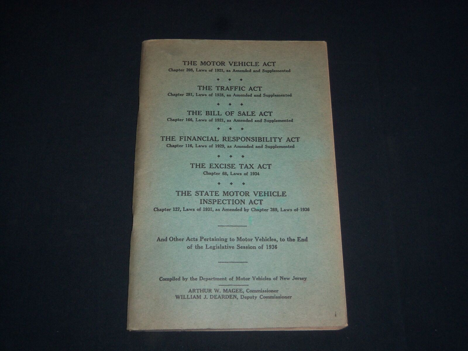 1936 NEW JERSEY MOTOR VEHICLE ACTS SOFTCOVER BOOK BY NJ DMV - MAGEE - J 3983