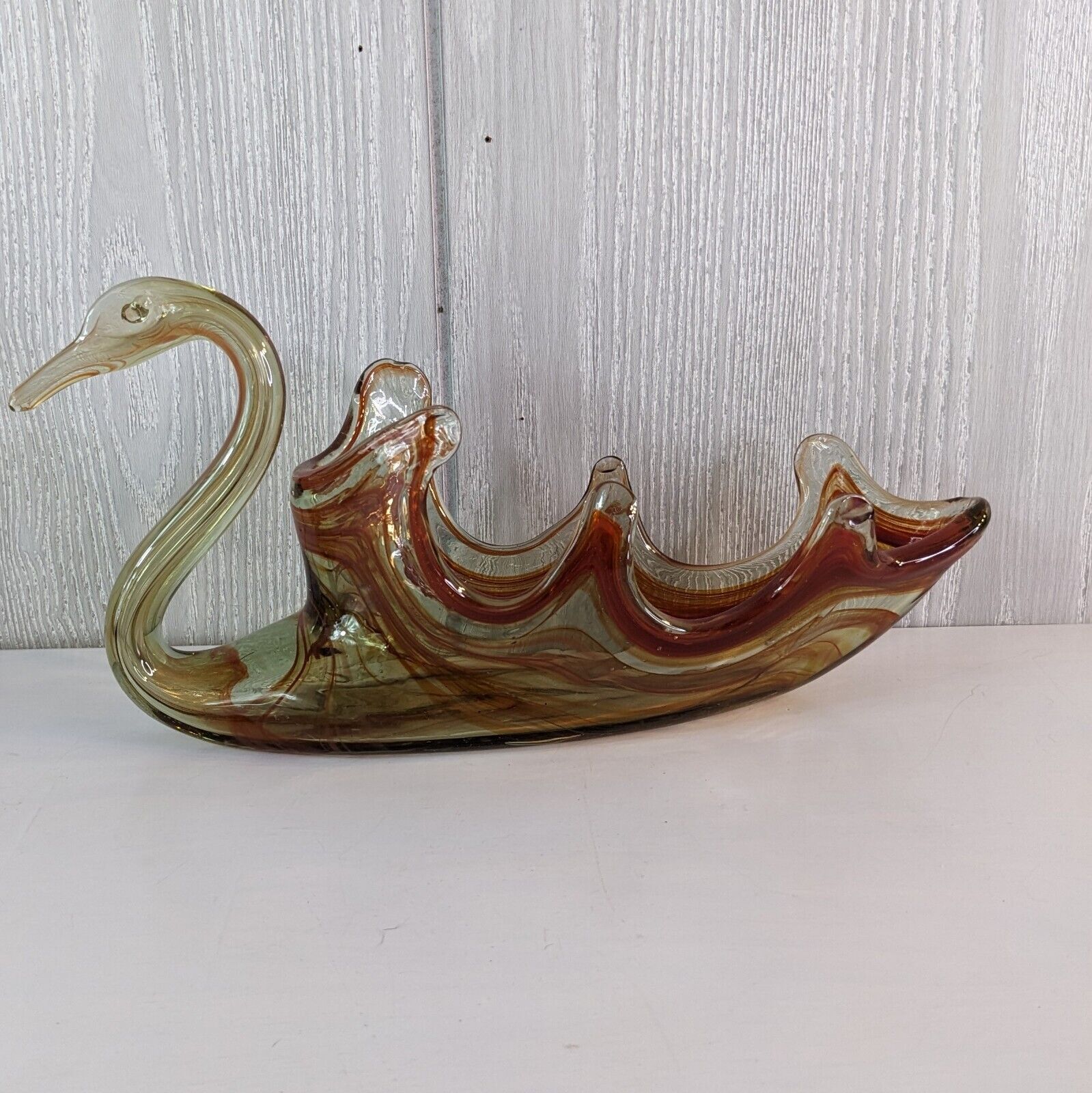 VTG Hand Blown Art Glass Swan Red Swirl EUC