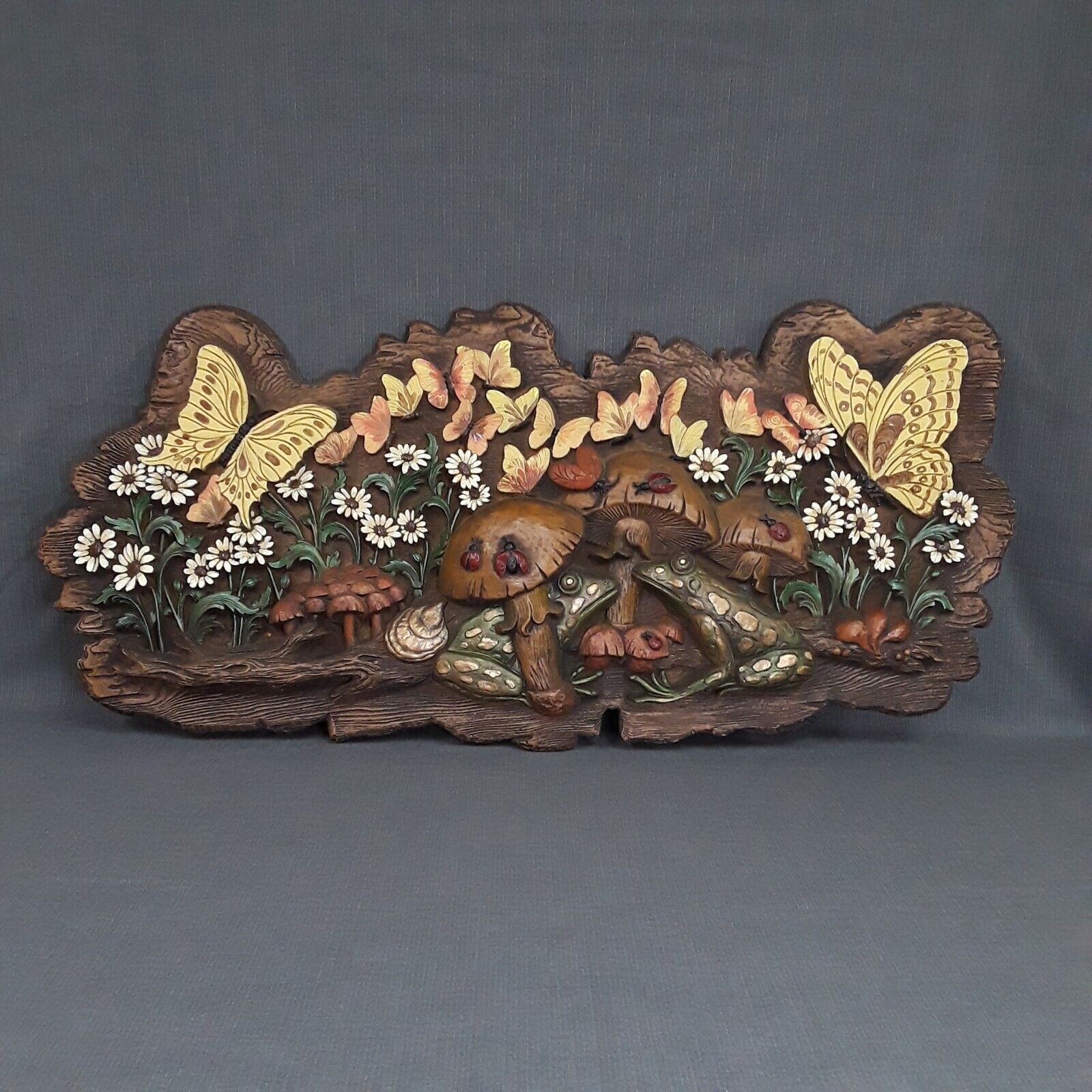 1970s Mushroom Butterfly Frog Wall Art Plaque Boho Decor Movie Prop VTG Hippie