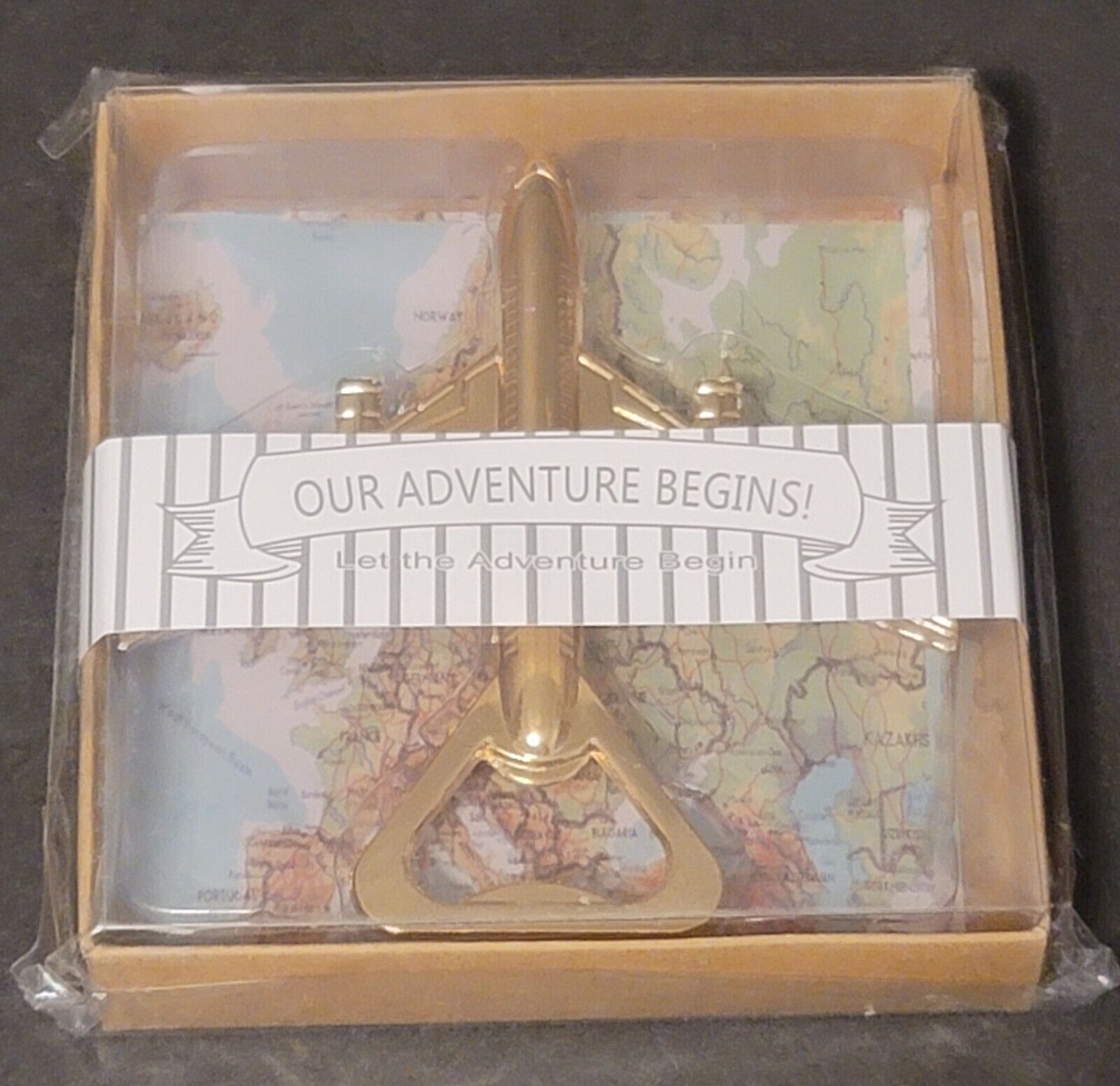 Set of 17 Our Adventure Begins Gold Airplane Bottle Opener Party Gift Box -NEW-
