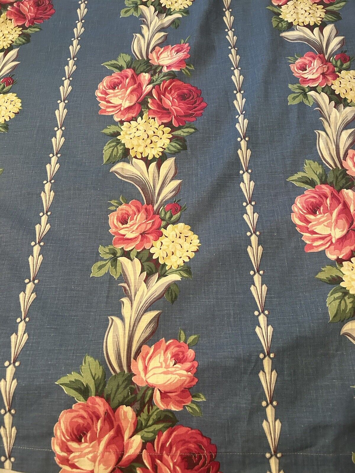 Vintage 1940’s Cotton Fabric Drapery Panel FLORAL Bouquet 1930’s Blue Roses NICE