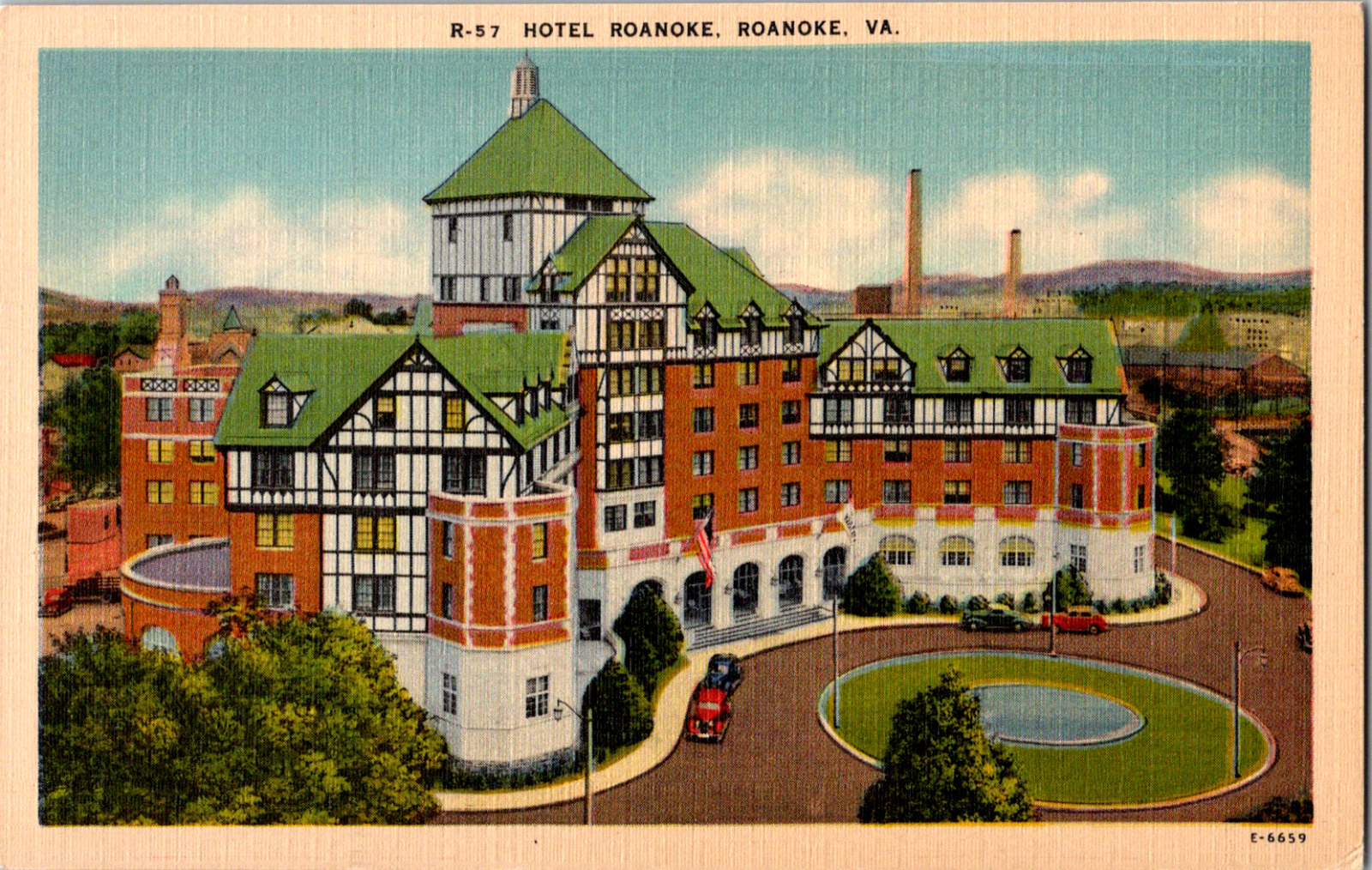 Vintage C 1940's Hotel Roanoke Top View Old Cars Circle Lot Virginia VA Postcard