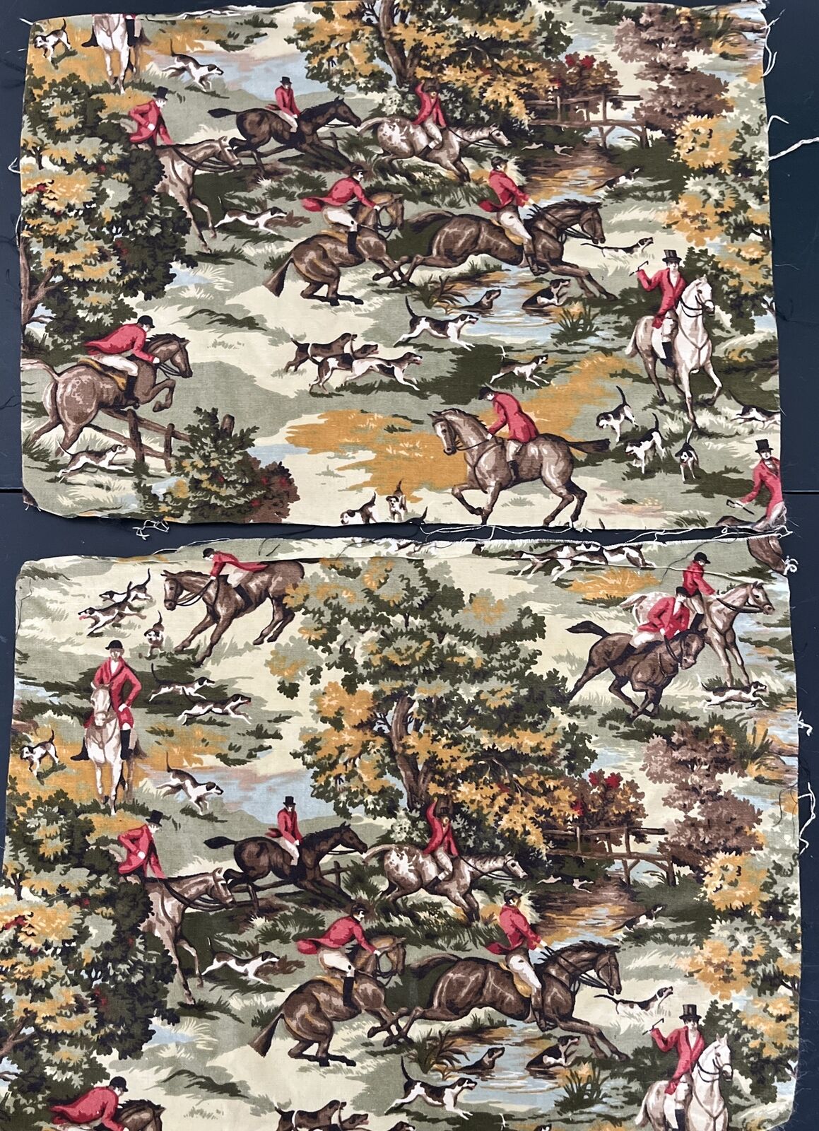 Two Pieces Vintage Horse, Hounds, Riders  Fabric 22”x16-1/2” Ea Pc Ride To Hound