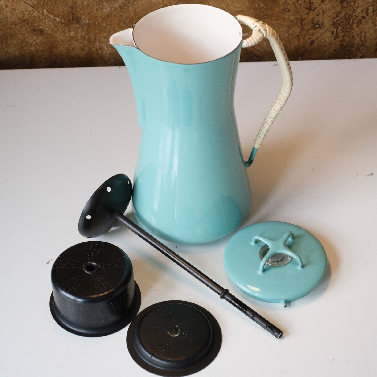 DANSK DESIGNS KOBENSTYLE Cast Iron Enameled Coffee Pot Turquoise Blue COMPLETE