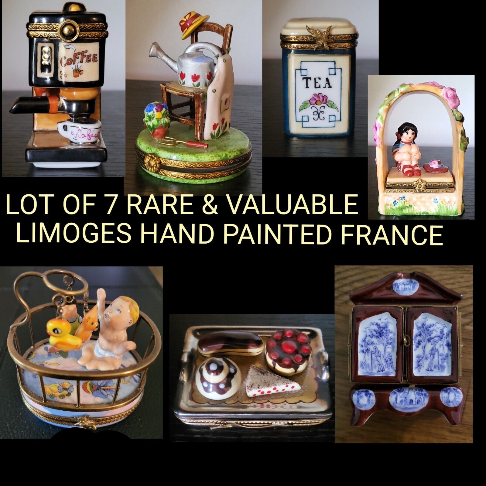 Peint Main Limoges Lot Of 7 Trinket Boxes France Signed Rare & Valuable 