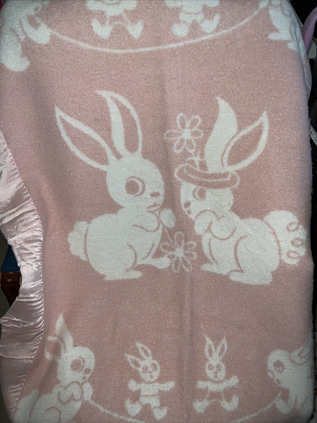 Vintage Pink Bunny Rabbit Blanket with Satin Binding 34x48