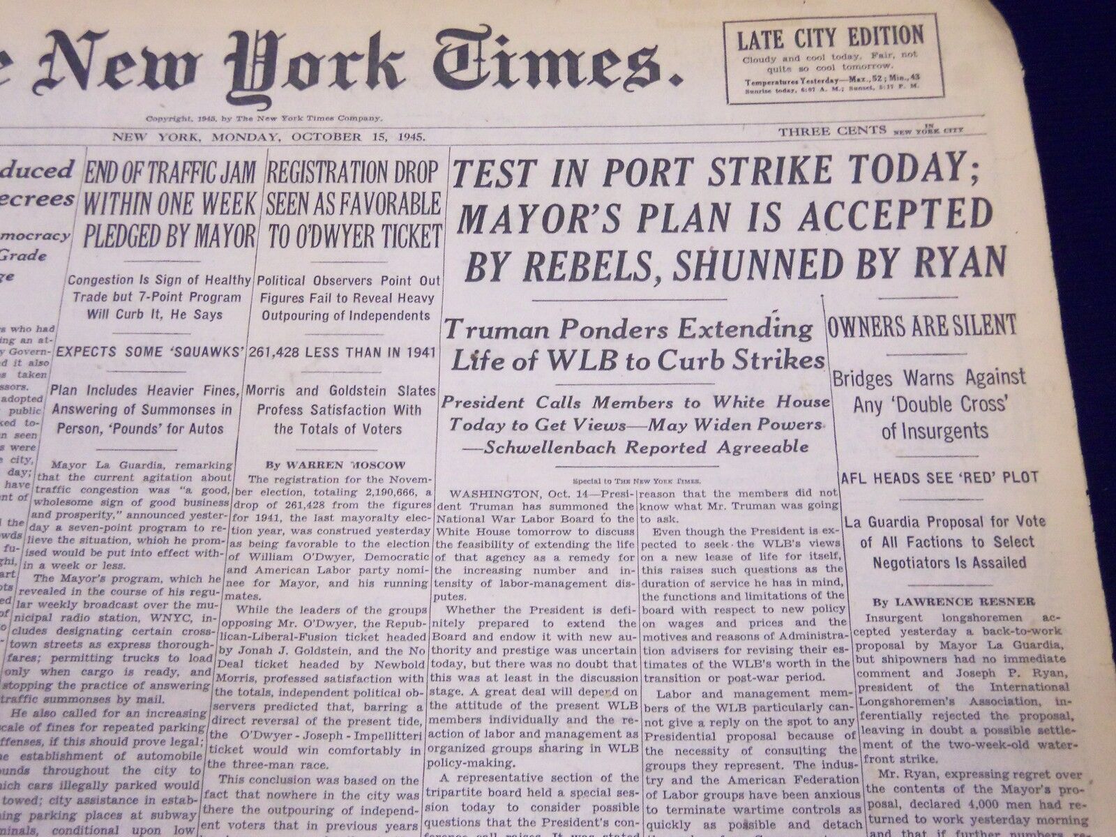 1945 OCT 15 NEW YORK TIMES - TEST IN PORT STRIKE TODAY MAYOR'S PLAN - NT 285