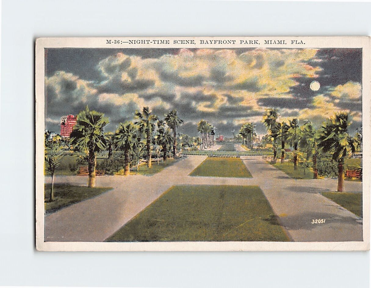 Postcard Night Time Scene Bayfront Park Miami Florida USA