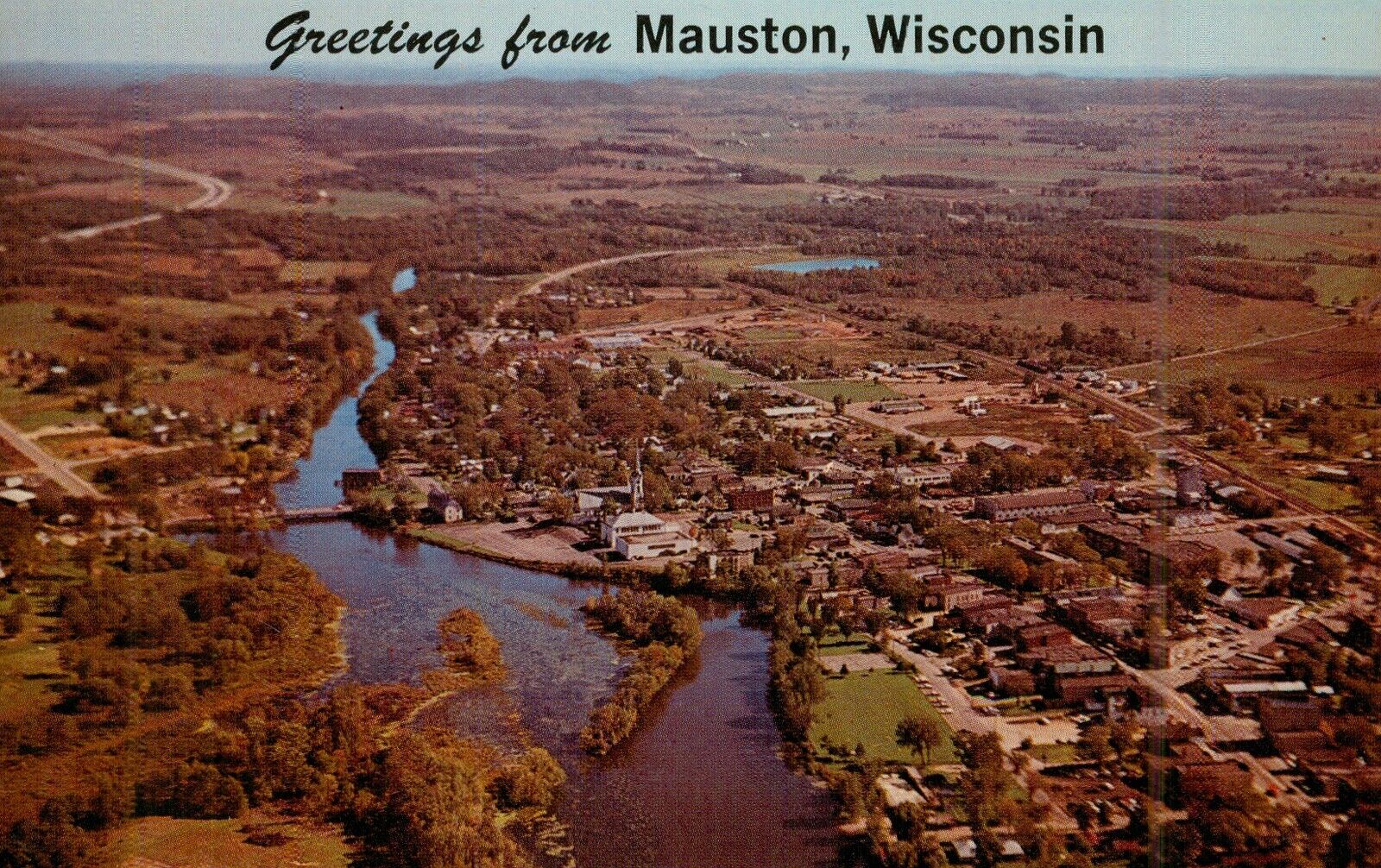 MAUSTON, Wisconsin, GREETINGS from, AERIAL View CHROME Postcard Castle ROCK LAKE