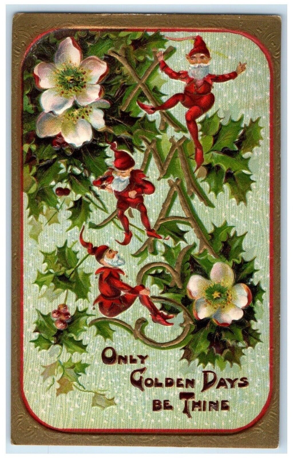 c1910's Christmas Elf Gnomes Flowers Berries Embossed Unposted Antique Postcard
