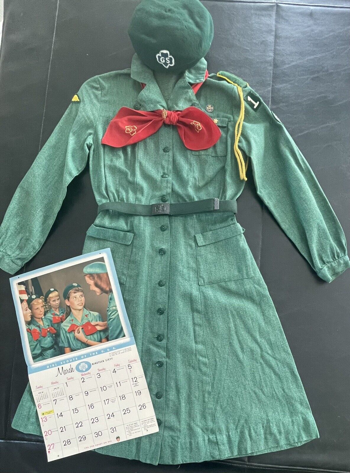 REDUCED Vintage 1948-55 Girl Scout INTERMEDIATE UNIFORM DRESS-PINS-HAT-CALENDAR