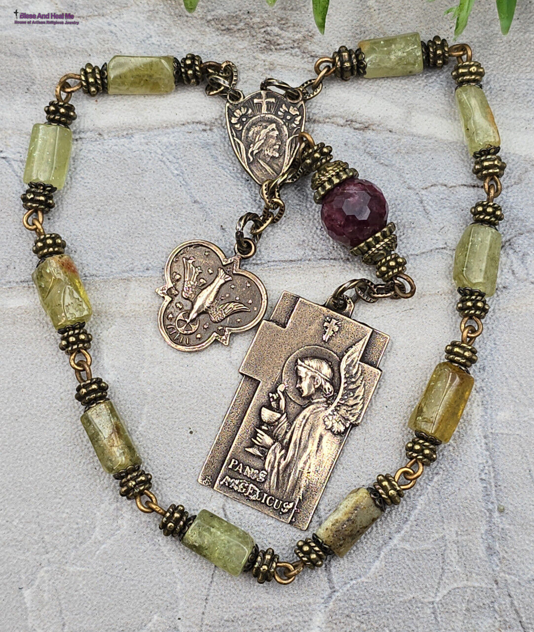Eucharistic Angels, Jesus, Gifts of Holy Spirit Bronze Chaplet-Green Garnet