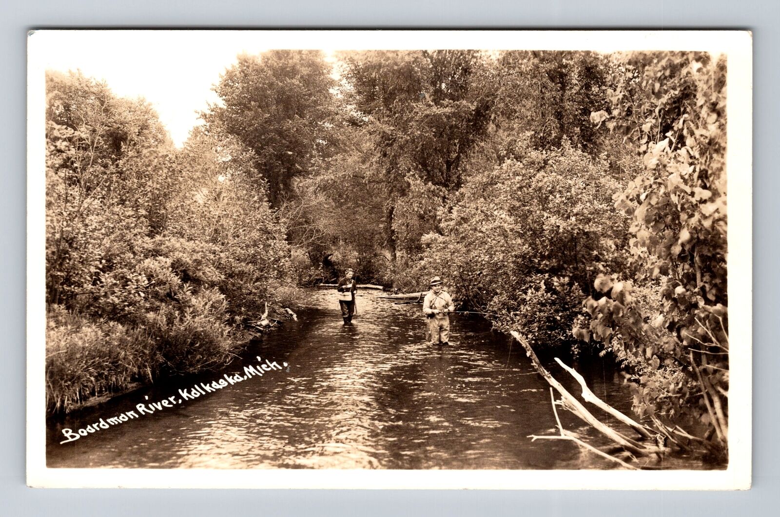 Kalkaska MI-Michigan RPPC, Boardman River, Fishing Vintage c1944 Postcard